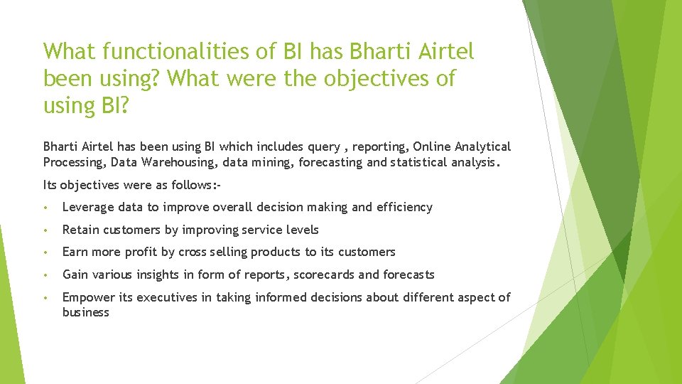 What functionalities of BI has Bharti Airtel been using? What were the objectives of