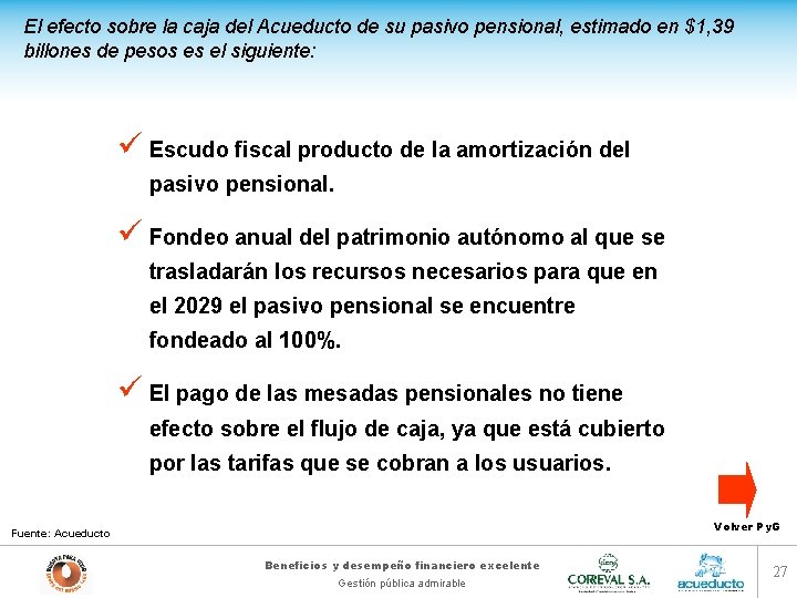 El efecto sobre la caja del Acueducto de su pasivo pensional, estimado en $1,