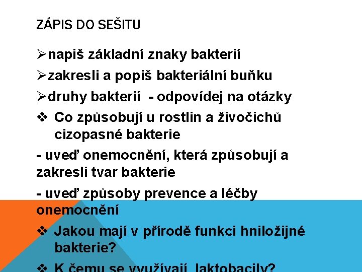 ZÁPIS DO SEŠITU Ønapiš základní znaky bakterií Øzakresli a popiš bakteriální buňku Ødruhy bakterií