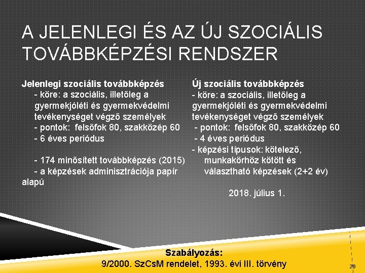 A JELENLEGI ÉS AZ ÚJ SZOCIÁLIS TOVÁBBKÉPZÉSI RENDSZER Jelenlegi szociális továbbképzés - köre: a