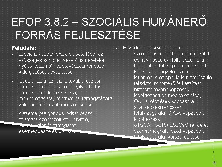 EFOP 3. 8. 2 – SZOCIÁLIS HUMÁNERŐ -FORRÁS FEJLESZTÉSE Feladata: - szociális vezetői pozíciók
