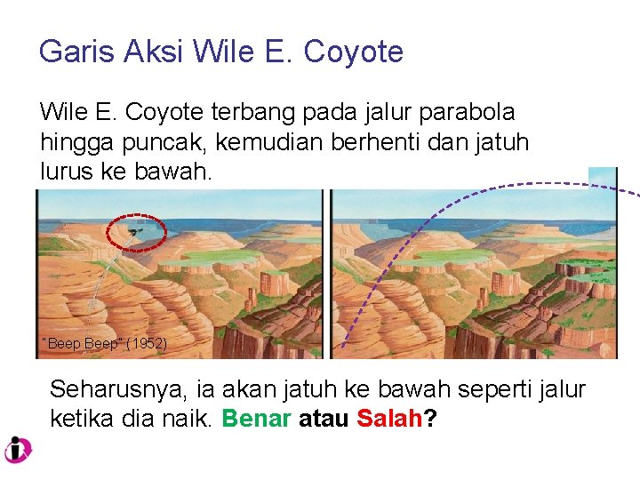 Garis Aksi Wile E. Coyote terbang pada jalur parabola hingga puncak, kemudian berhenti dan