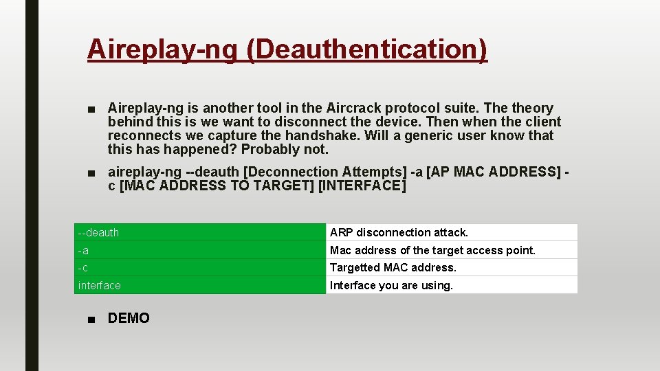 Aireplay-ng (Deauthentication) ■ Aireplay-ng is another tool in the Aircrack protocol suite. The theory