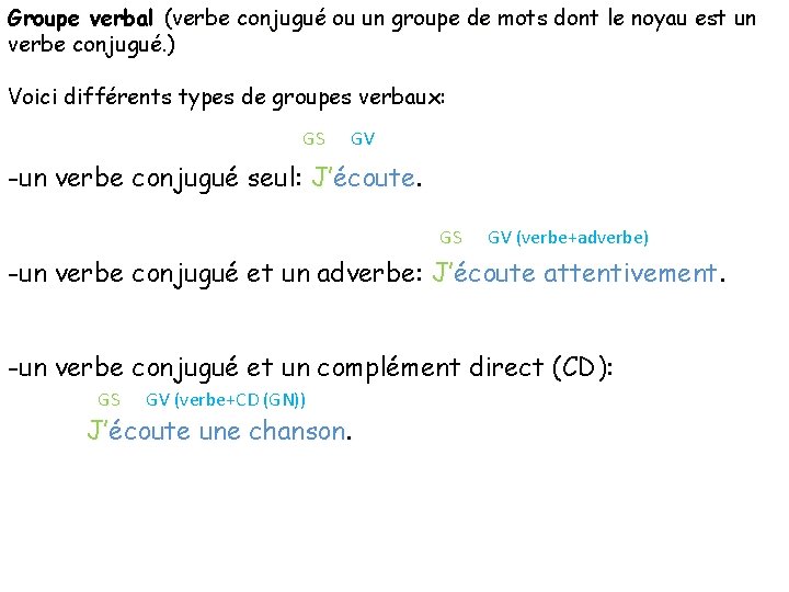 Groupe verbal (verbe conjugué ou un groupe de mots dont le noyau est un