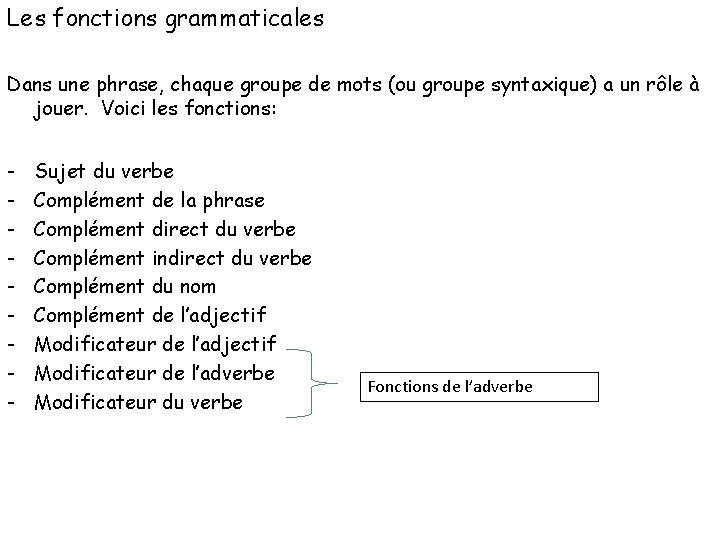 Les fonctions grammaticales Dans une phrase, chaque groupe de mots (ou groupe syntaxique) a