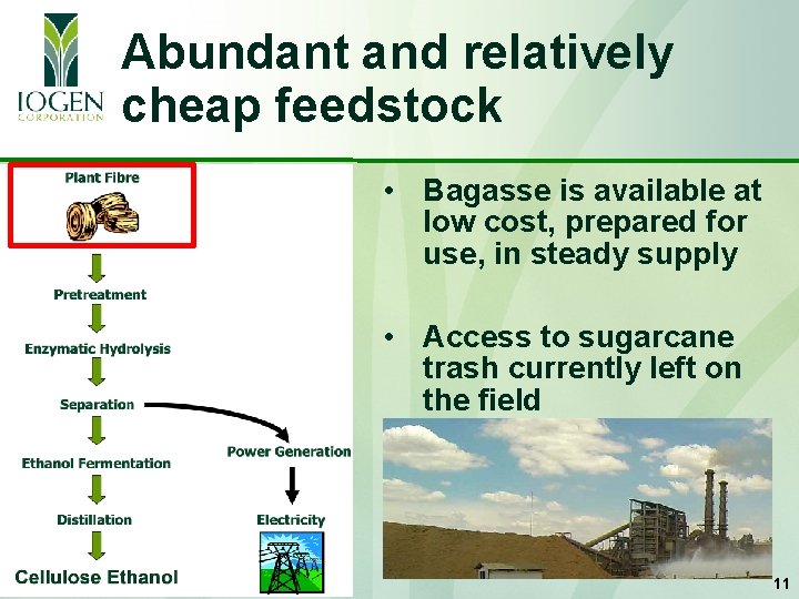 Abundant and relatively cheap feedstock • Bagasse is available at low cost, prepared for