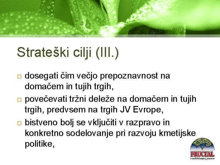 Strateški cilji (III. ) dosegati čim večjo prepoznavnost na domačem in tujih trgih, povečevati