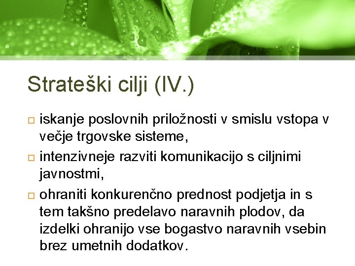 Strateški cilji (IV. ) iskanje poslovnih priložnosti v smislu vstopa v večje trgovske sisteme,