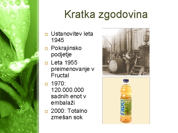 Kratka zgodovina Ustanovitev leta 1945 Pokrajinsko podjetje Leta 1955 preimenovanje v Fructal 1970: 120.