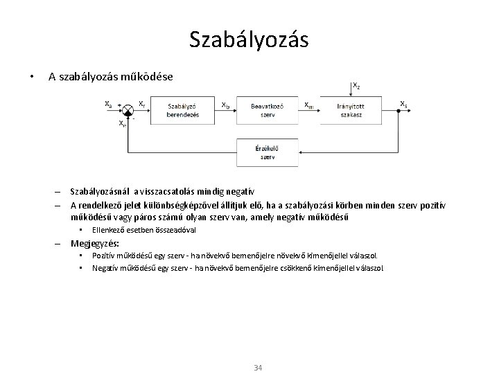 Szabályozás • A szabályozás működése – Szabályozásnál a visszacsatolás mindig negatív – A rendelkező