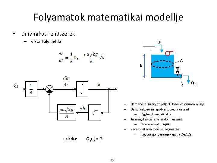 Folyamatok matematikai modellje • Dinamikus rendszerek – Víztartály példa Q 1 A h a