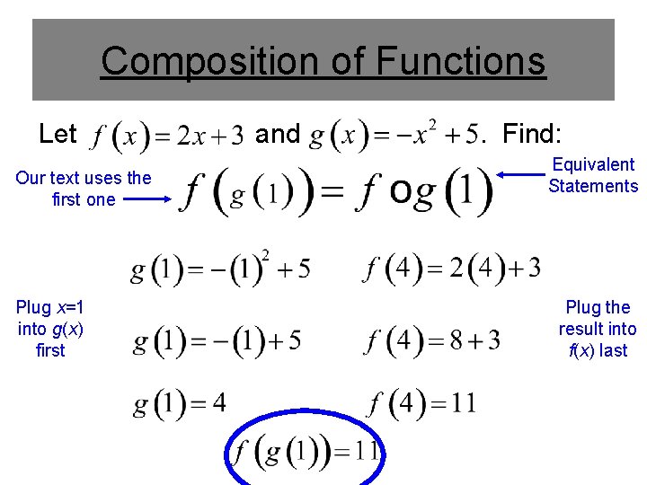Composition of Functions Let Our text uses the first one Plug x=1 into g(x)