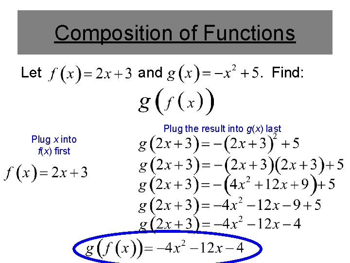 Composition of Functions Let Plug x into f(x) first and . Find: Plug the