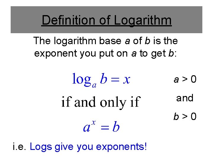 Definition of Logarithm The logarithm base a of b is the exponent you put