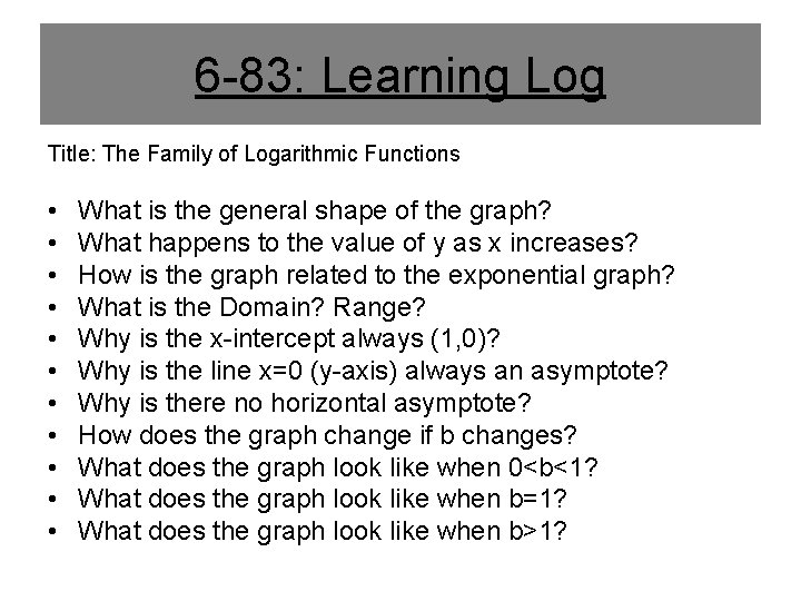 6 -83: Learning Log Title: The Family of Logarithmic Functions • • • What
