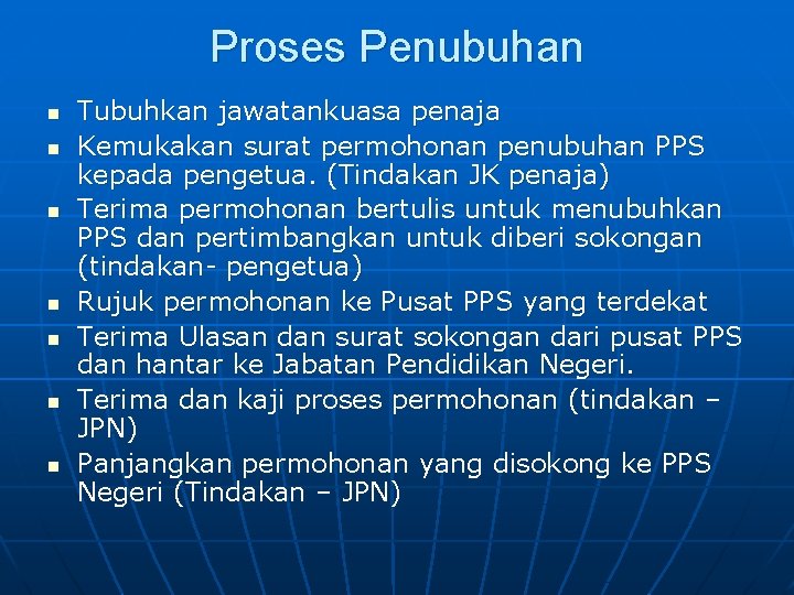 Proses Penubuhan n n n Tubuhkan jawatankuasa penaja Kemukakan surat permohonan penubuhan PPS kepada