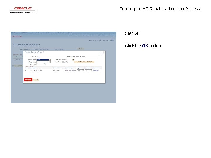 Running the AR Rebate Notification Process Step 20 Click the OK button. 