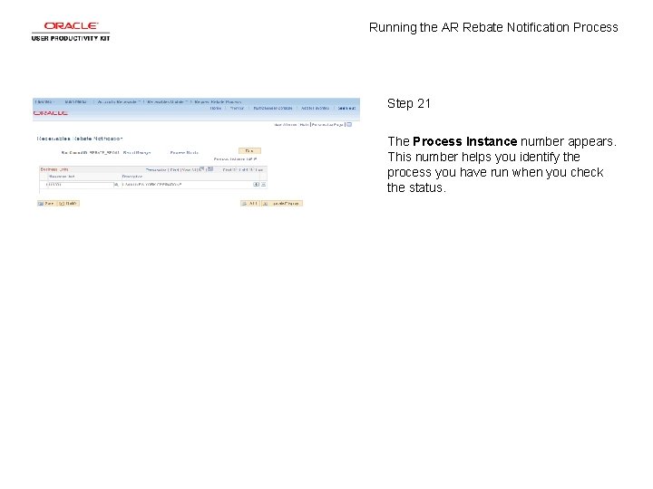 Running the AR Rebate Notification Process Step 21 The Process Instance number appears. This