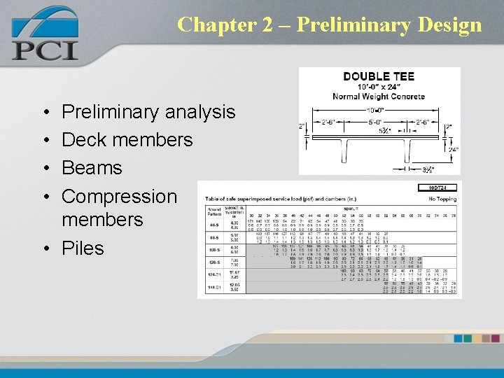 Chapter 2 – Preliminary Design • • Preliminary analysis Deck members Beams Compression members
