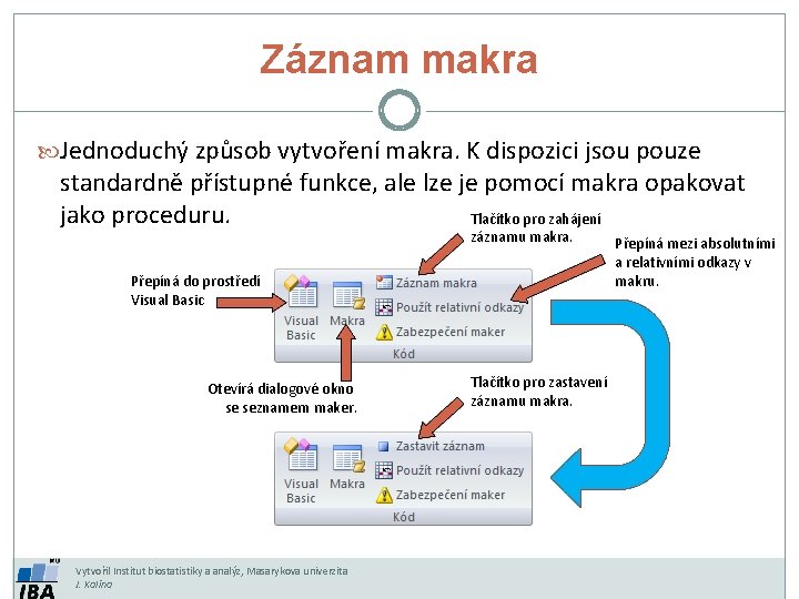 Záznam makra Jednoduchý způsob vytvoření makra. K dispozici jsou pouze standardně přístupné funkce, ale