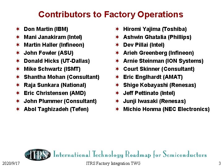 Contributors to Factory Operations ¬ ¬ ¬ 2020/9/17 Don Martin (IBM) Mani Janakiram (Intel)