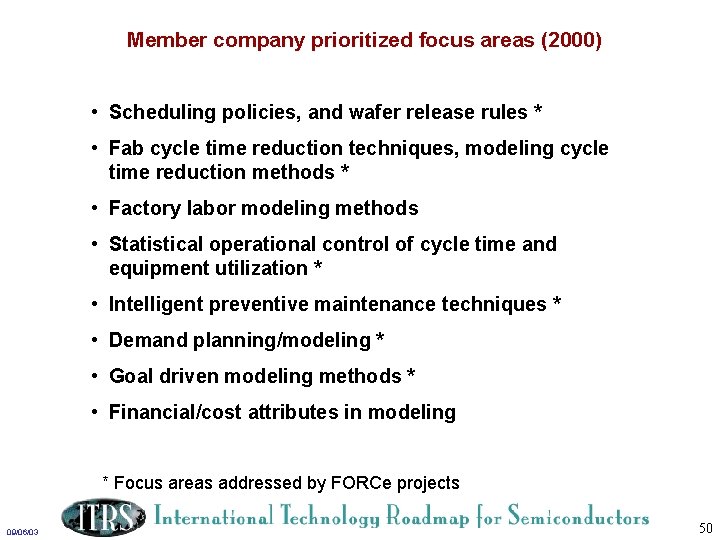 Member company prioritized focus areas (2000) • Scheduling policies, and wafer release rules *