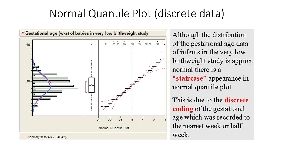 Normal Quantile Plot (discrete data) Although the distribution of the gestational age data of