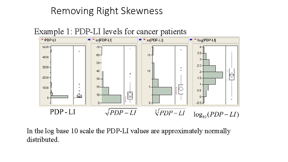 Removing Right Skewness Example 1: PDP-LI levels for cancer patients In the log base