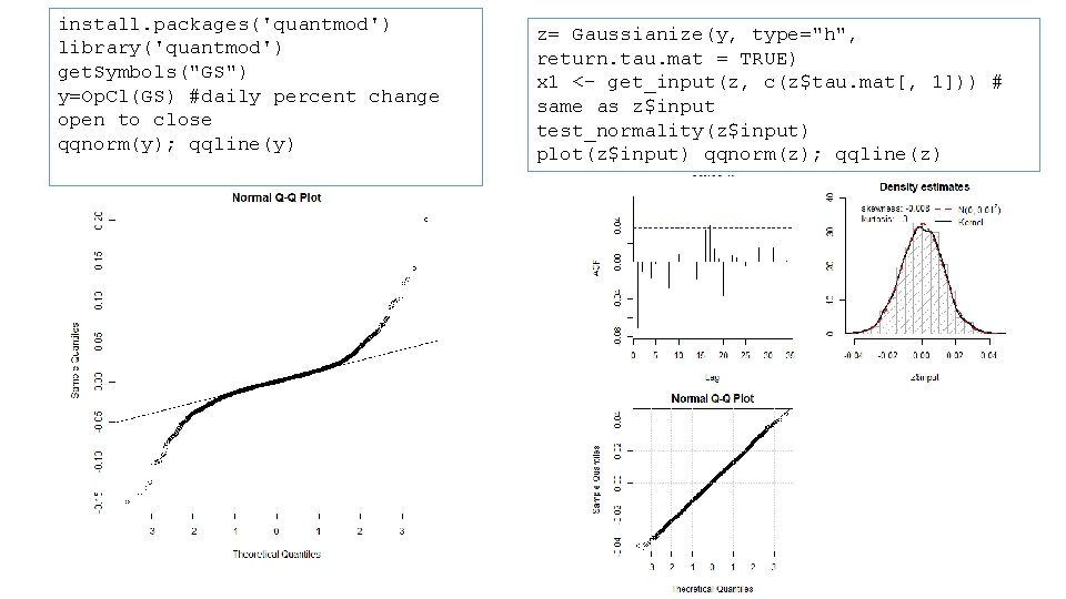 install. packages('quantmod') library('quantmod') get. Symbols("GS") y=Op. Cl(GS) #daily percent change open to close qqnorm(y);