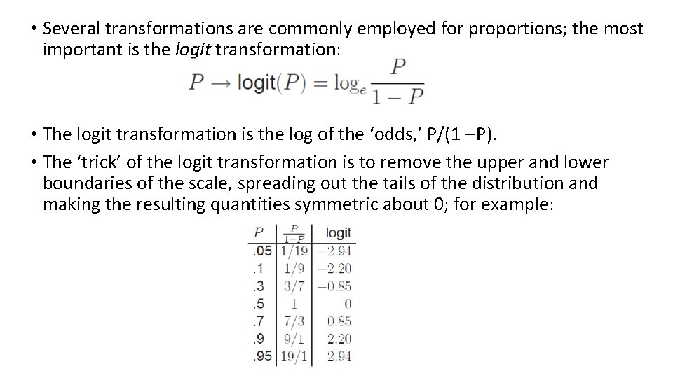  • Several transformations are commonly employed for proportions; the most important is the