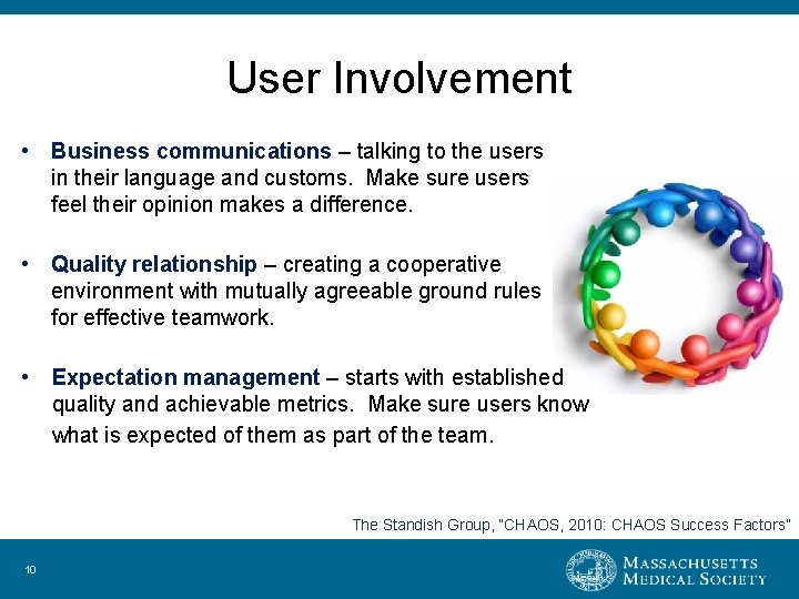 User Involvement • Business communications – talking to the users in their language and