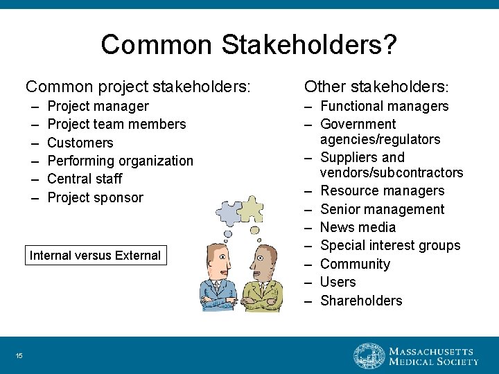 Common Stakeholders? Common project stakeholders: – – – Project manager Project team members Customers