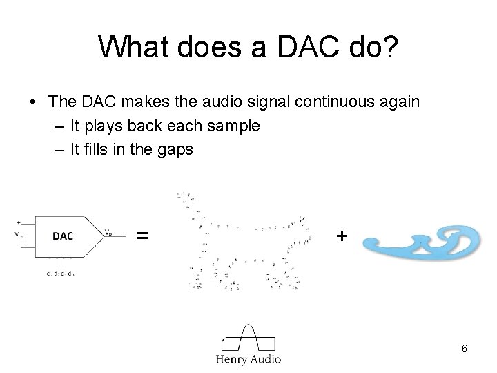 What does a DAC do? • The DAC makes the audio signal continuous again