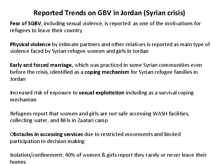 Reported Trends on GBV in Jordan (Syrian crisis) Fear of SGBV, including sexual violence,