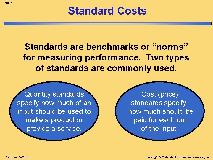 10 -2 Standard Costs Standards are benchmarks or “norms” for measuring performance. Two types