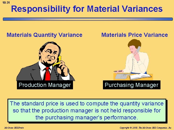 10 -31 Responsibility for Material Variances Materials Quantity Variance Production Manager Materials Price Variance