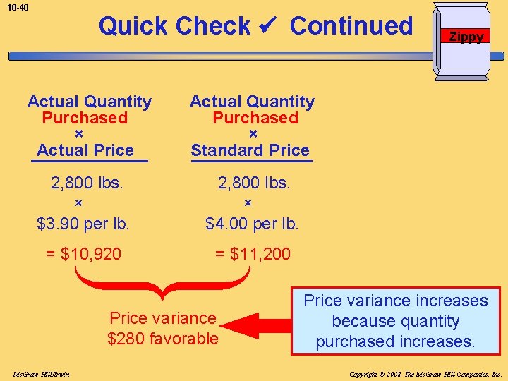 10 -40 Quick Check Continued Actual Quantity Purchased × Actual Price Actual Quantity Purchased