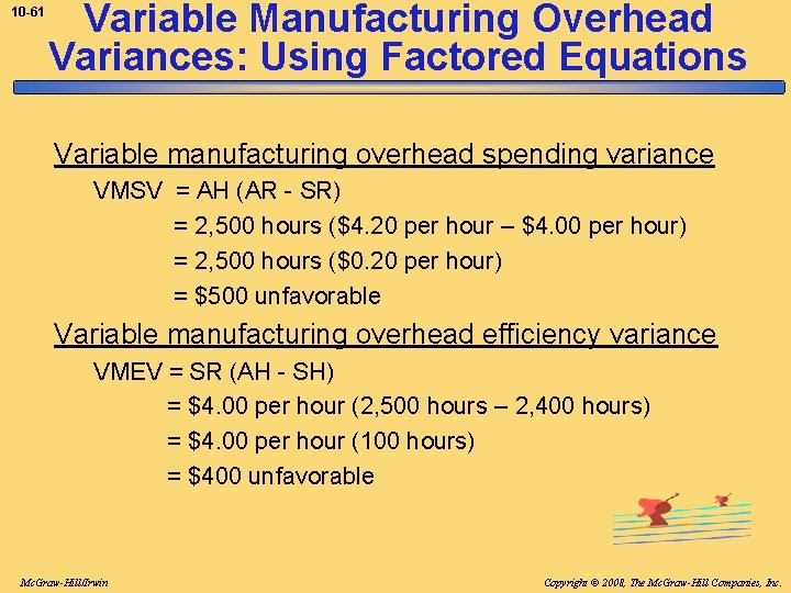 10 -61 Variable Manufacturing Overhead Variances: Using Factored Equations Variable manufacturing overhead spending variance