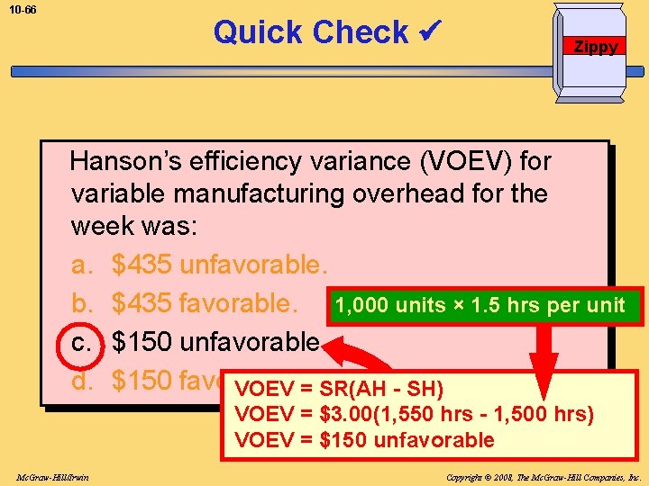 10 -66 Quick Check Zippy Hanson’s efficiency variance (VOEV) for variable manufacturing overhead for