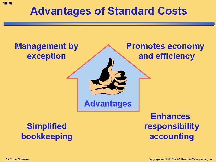 10 -70 Advantages of Standard Costs Management by exception Promotes economy and efficiency Advantages