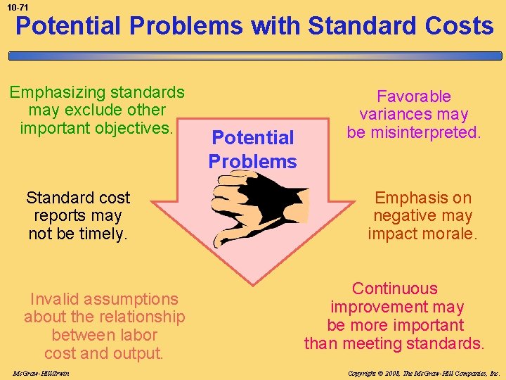 10 -71 Potential Problems with Standard Costs Emphasizing standards may exclude other important objectives.