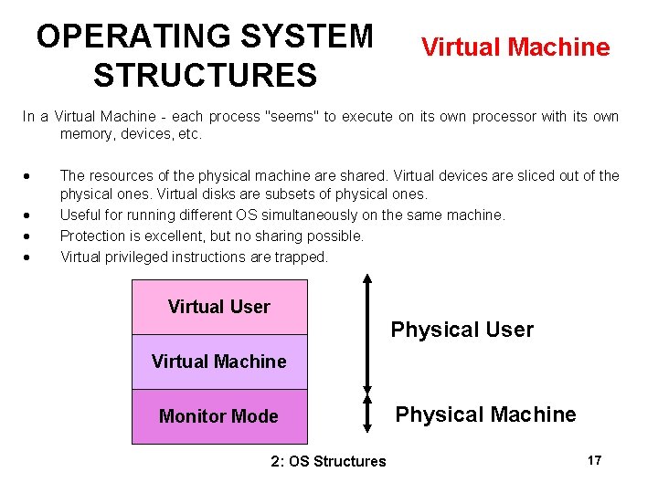 OPERATING SYSTEM STRUCTURES Virtual Machine In a Virtual Machine - each process "seems" to