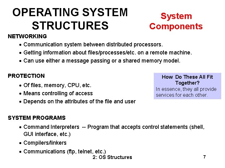 OPERATING SYSTEM STRUCTURES System Components NETWORKING · Communication system between distributed processors. · Getting OPERATING SYSTEM STRUCTURES System Components NETWORKING · Communication system between distributed processors. · Getting