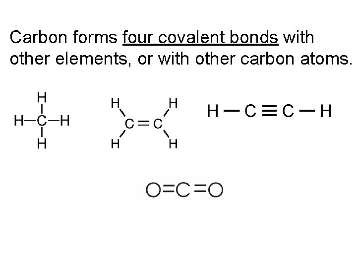 Carbon forms four covalent bonds with other elements, or with other carbon atoms. 