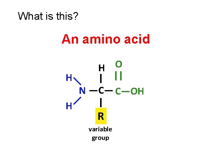 What is this? An amino acid H O H | || —C— C—OH —N—