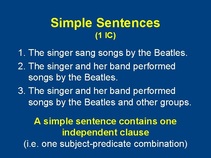 Simple Sentences (1 IC) 1. The singer sang songs by the Beatles. 2. The