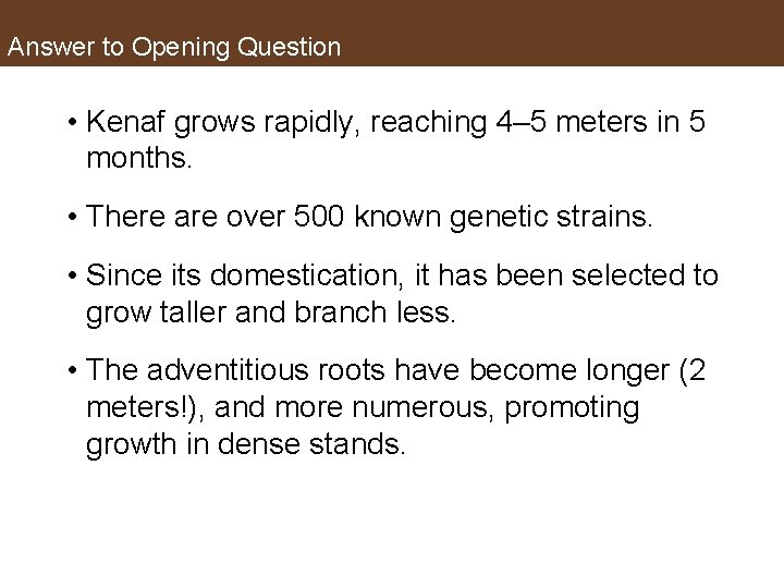 Answer to Opening Question • Kenaf grows rapidly, reaching 4– 5 meters in 5