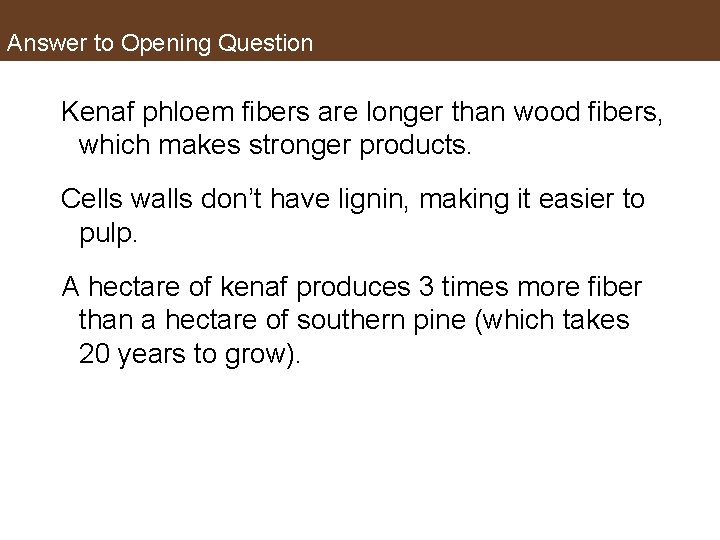 Answer to Opening Question Kenaf phloem fibers are longer than wood fibers, which makes