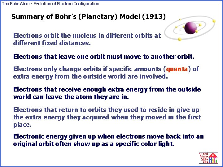 The Bohr Atom - Evolution of Electron Configuration Summary of Bohr’s (Planetary) Model (1913)