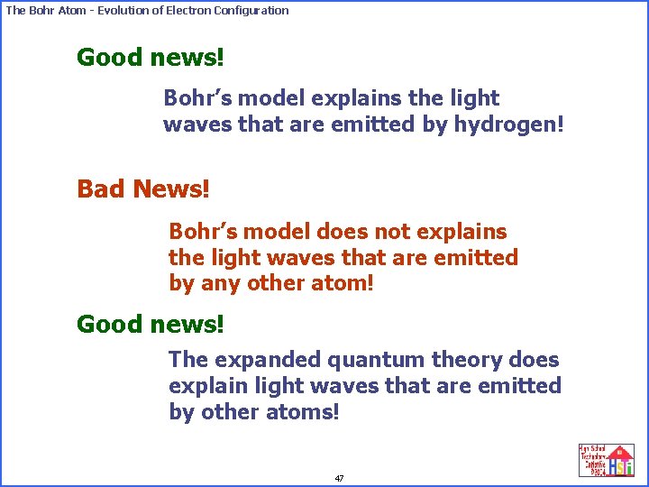 The Bohr Atom - Evolution of Electron Configuration Good news! Bohr’s model explains the